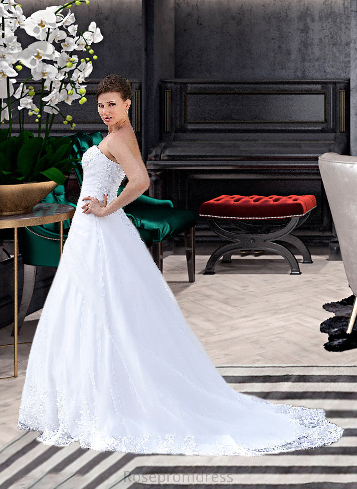 Tina Ball-Gown/Princess Strapless Chapel Train Satin Organza Wedding Dress With Lace Beading SRSP0013796