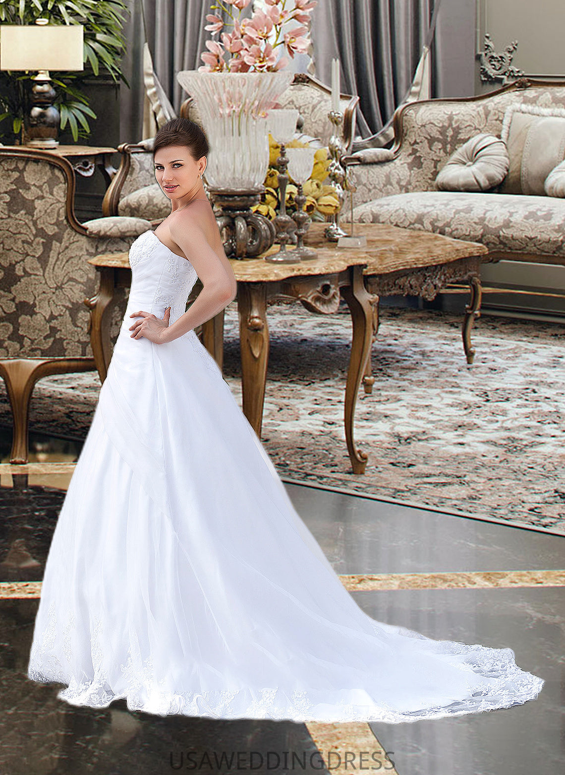 Rosemary Ball-Gown/Princess Strapless Chapel Train Satin Organza Wedding Dress With Lace Beading DSP0013796