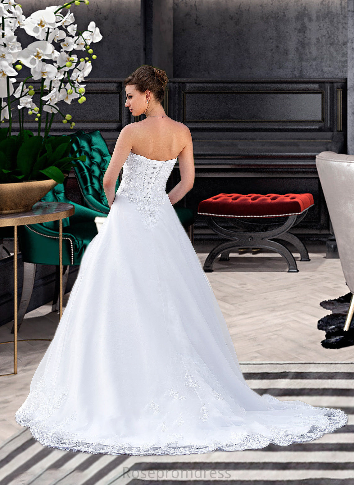 Tina Ball-Gown/Princess Strapless Chapel Train Satin Organza Wedding Dress With Lace Beading SRSP0013796