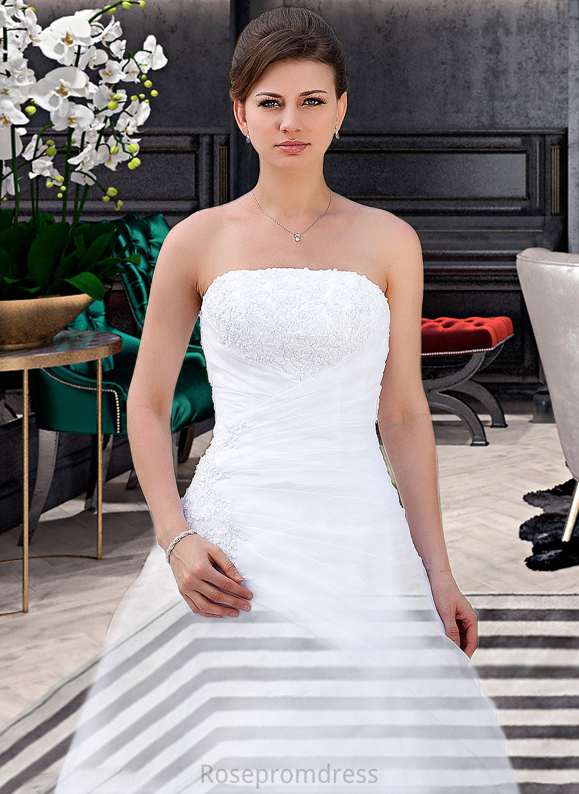 Tina Ball-Gown/Princess Strapless Chapel Train Satin Organza Wedding Dress With Lace Beading SRSP0013796