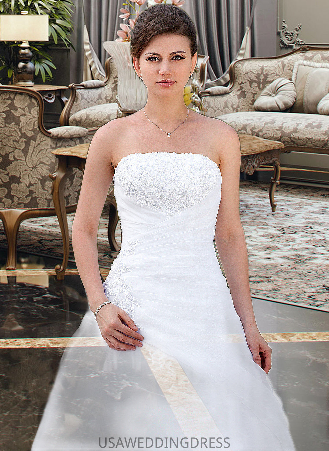 Rosemary Ball-Gown/Princess Strapless Chapel Train Satin Organza Wedding Dress With Lace Beading DSP0013796