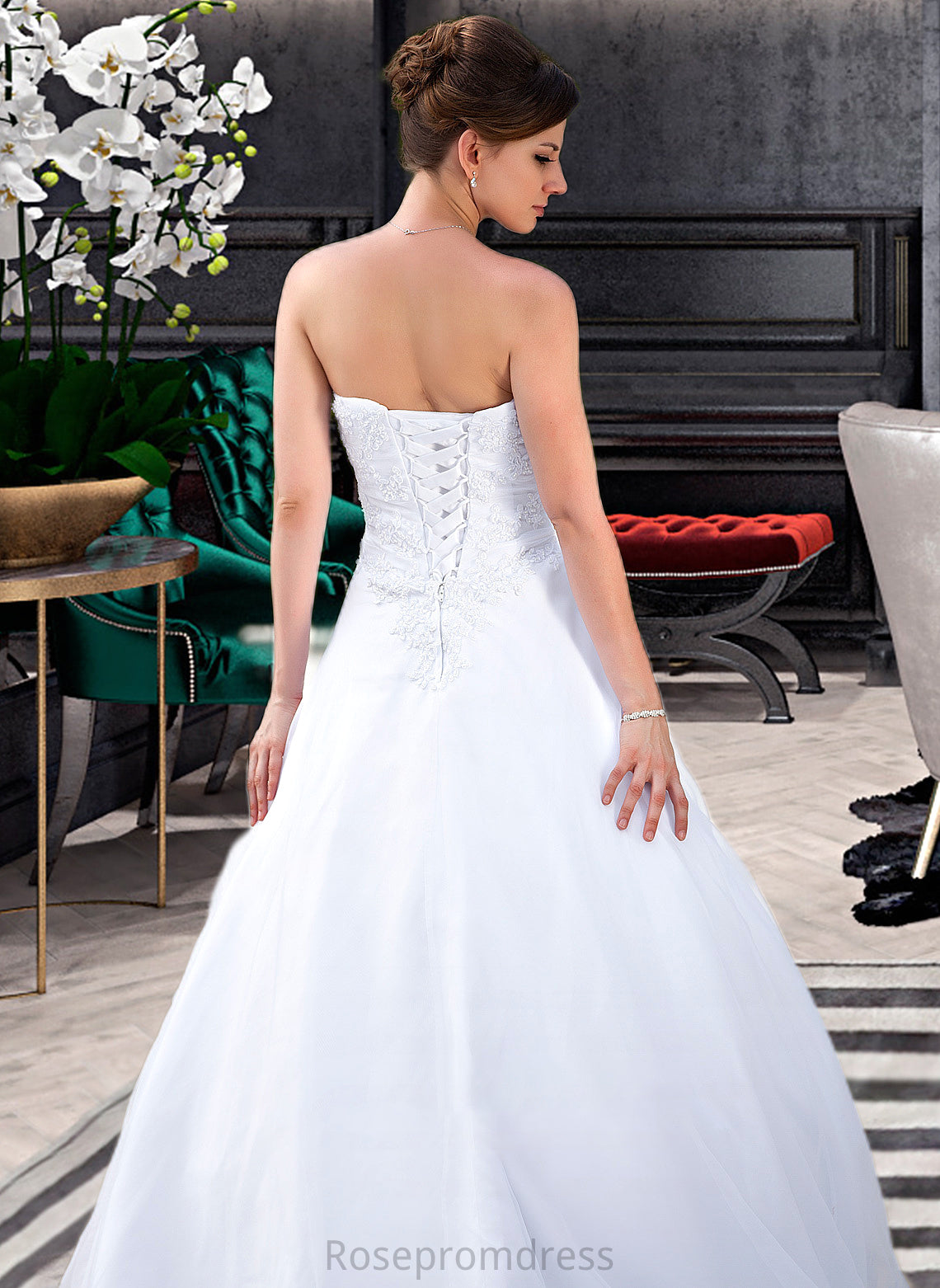 Tina Ball-Gown/Princess Strapless Chapel Train Satin Organza Wedding Dress With Lace Beading SRSP0013796