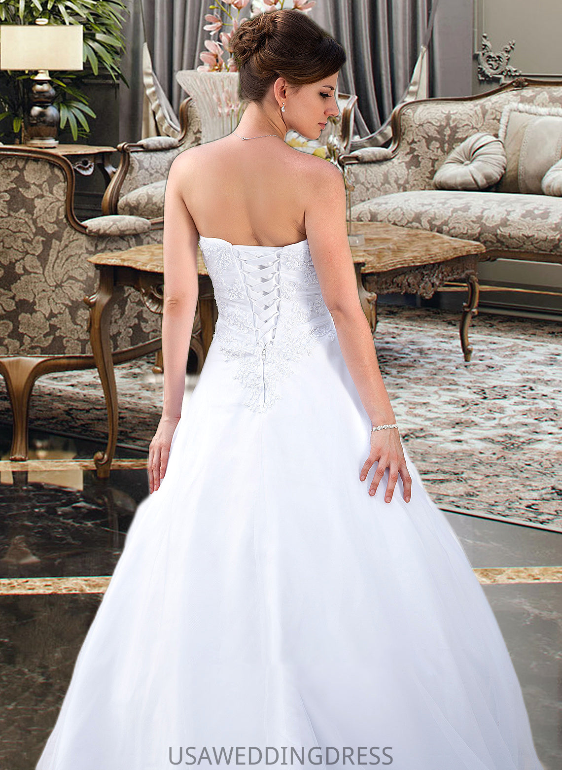 Rosemary Ball-Gown/Princess Strapless Chapel Train Satin Organza Wedding Dress With Lace Beading DSP0013796