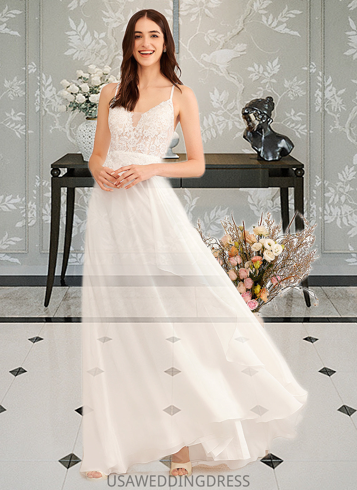 Jasmine A-Line V-neck Floor-Length Wedding Dress With Sequins DSP0013797