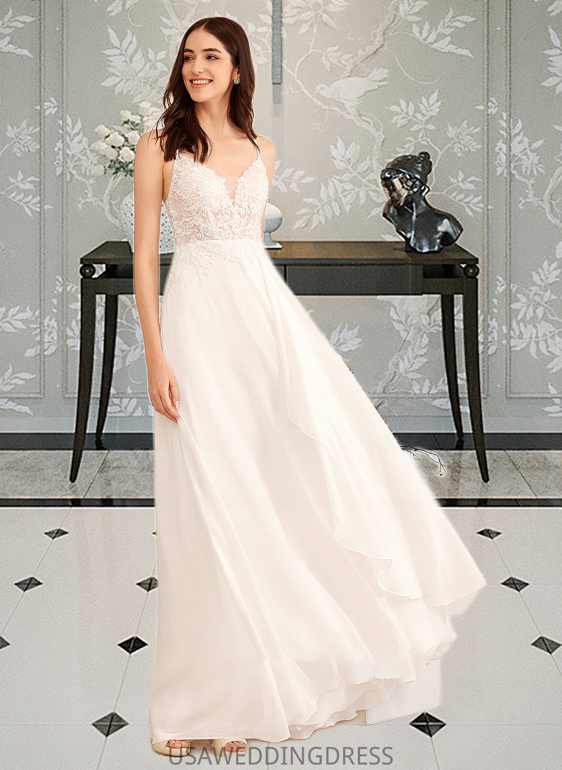 Jasmine A-Line V-neck Floor-Length Wedding Dress With Sequins DSP0013797