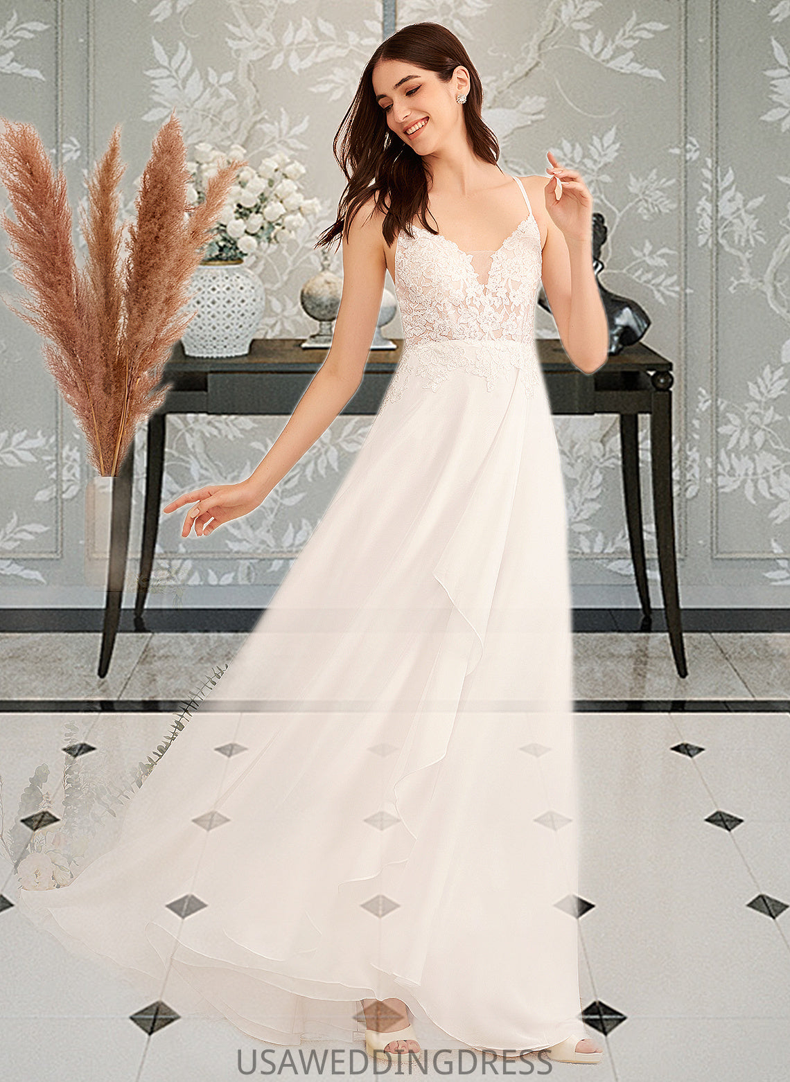 Jasmine A-Line V-neck Floor-Length Wedding Dress With Sequins DSP0013797