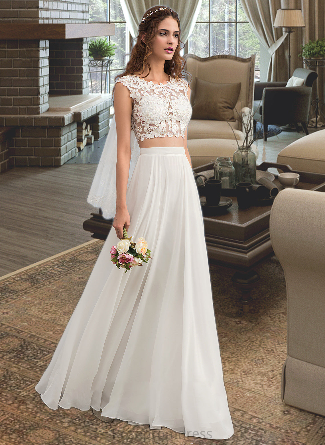 Carlee A-Line Scoop Neck Floor-Length Chiffon Wedding Dress With Beading Sequins SRSP0013799