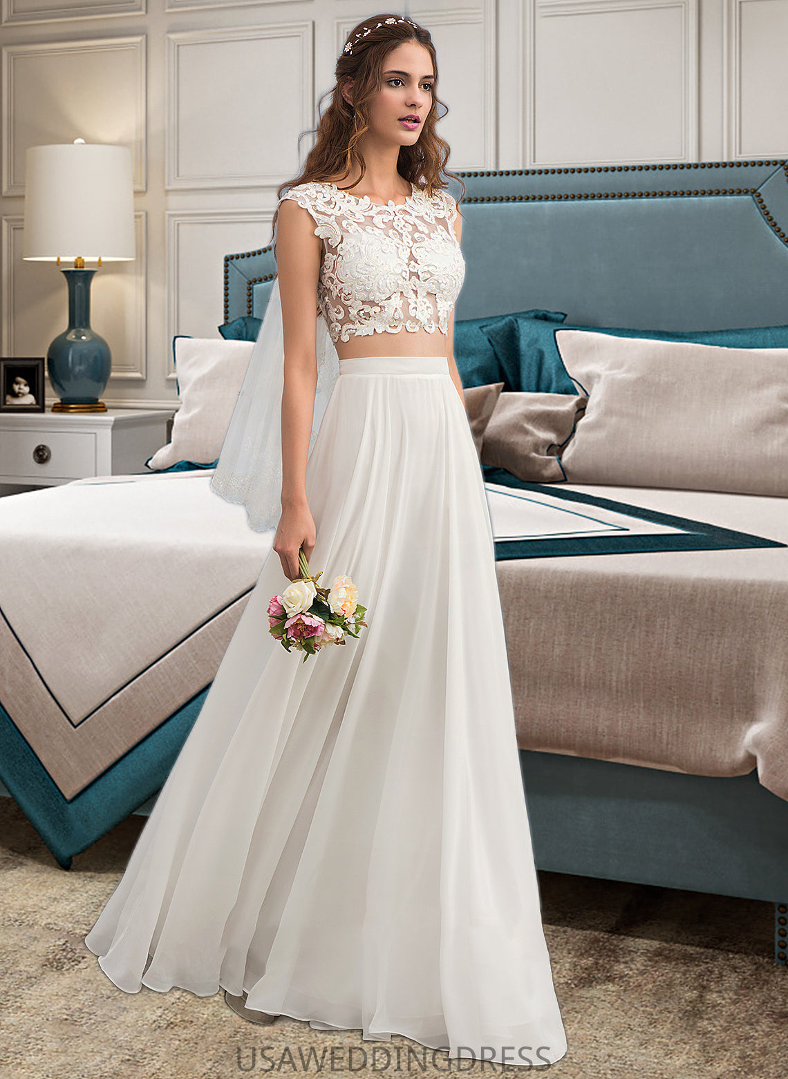 Adriana A-Line Scoop Neck Floor-Length Chiffon Wedding Dress With Beading Sequins DSP0013799