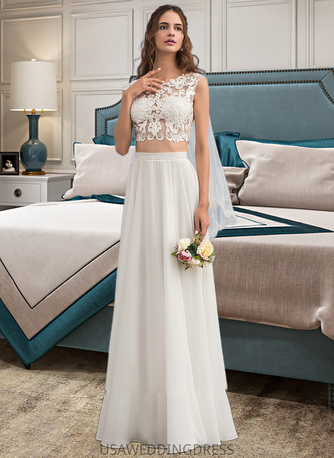 Adriana A-Line Scoop Neck Floor-Length Chiffon Wedding Dress With Beading Sequins DSP0013799