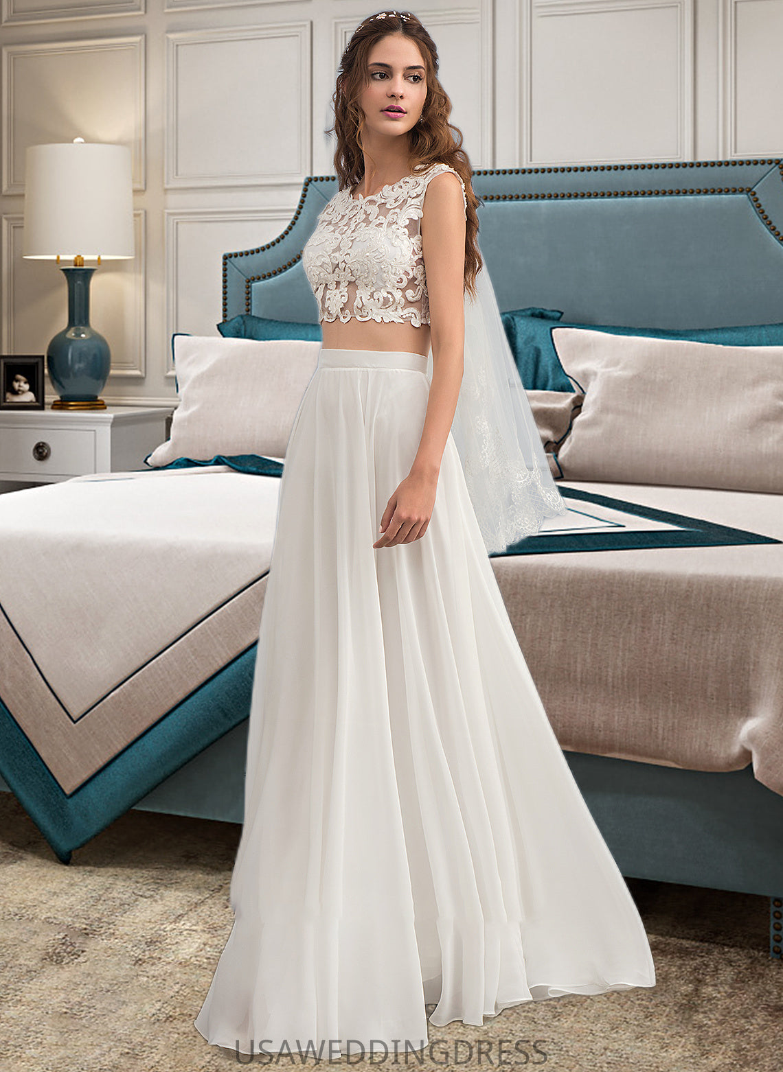 Adriana A-Line Scoop Neck Floor-Length Chiffon Wedding Dress With Beading Sequins DSP0013799