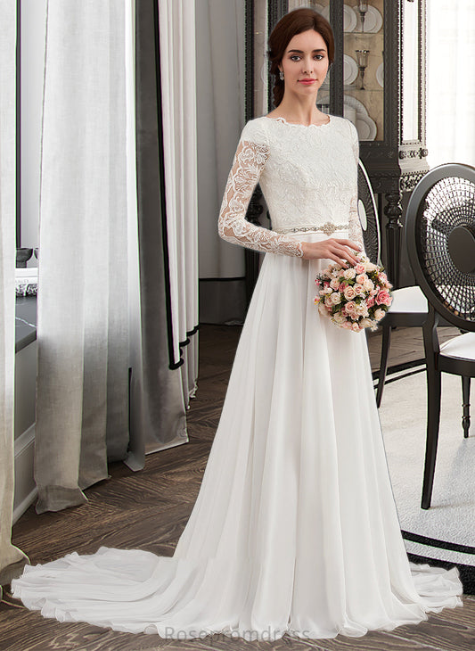 Danna A-Line Scoop Neck Court Train Chiffon Wedding Dress With Beading SRSP0013800