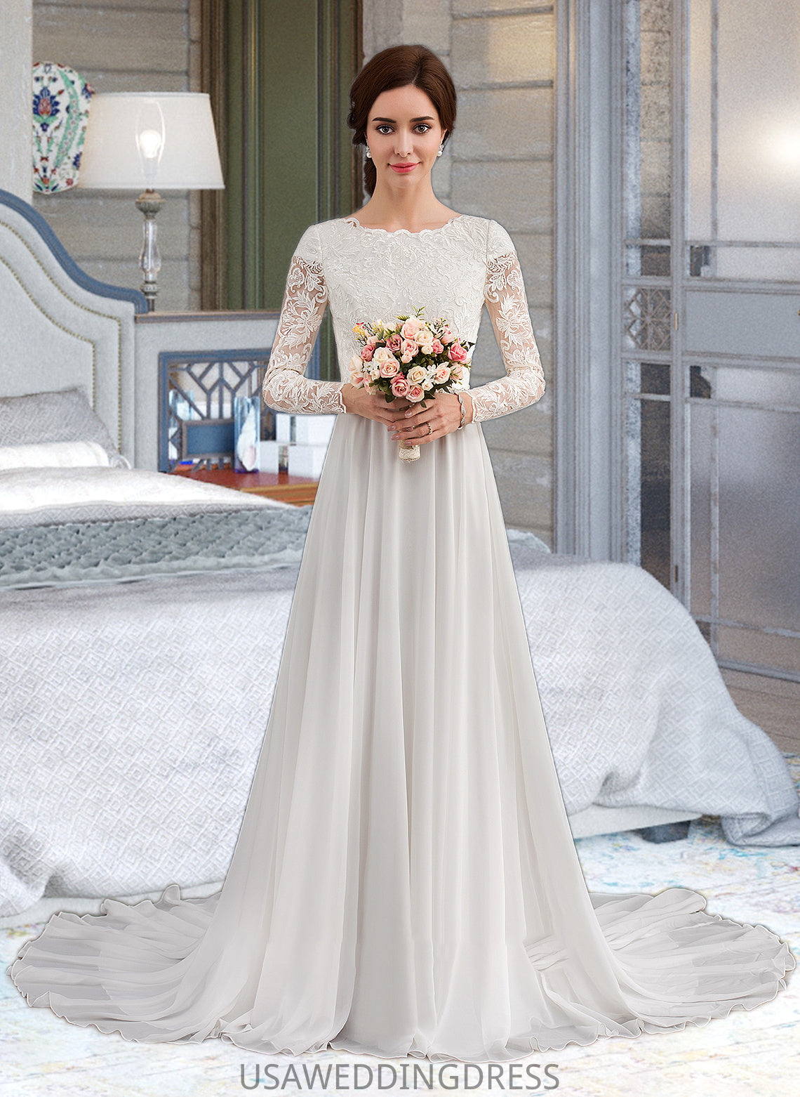 Hayden A-Line Scoop Neck Court Train Chiffon Wedding Dress With Beading DSP0013800