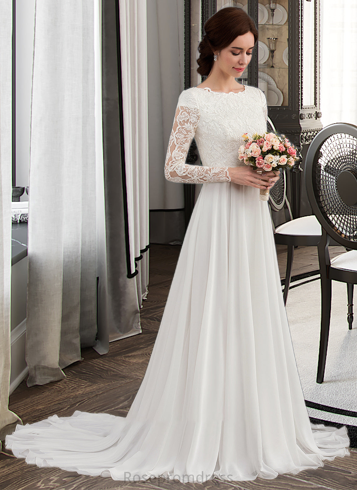 Danna A-Line Scoop Neck Court Train Chiffon Wedding Dress With Beading SRSP0013800