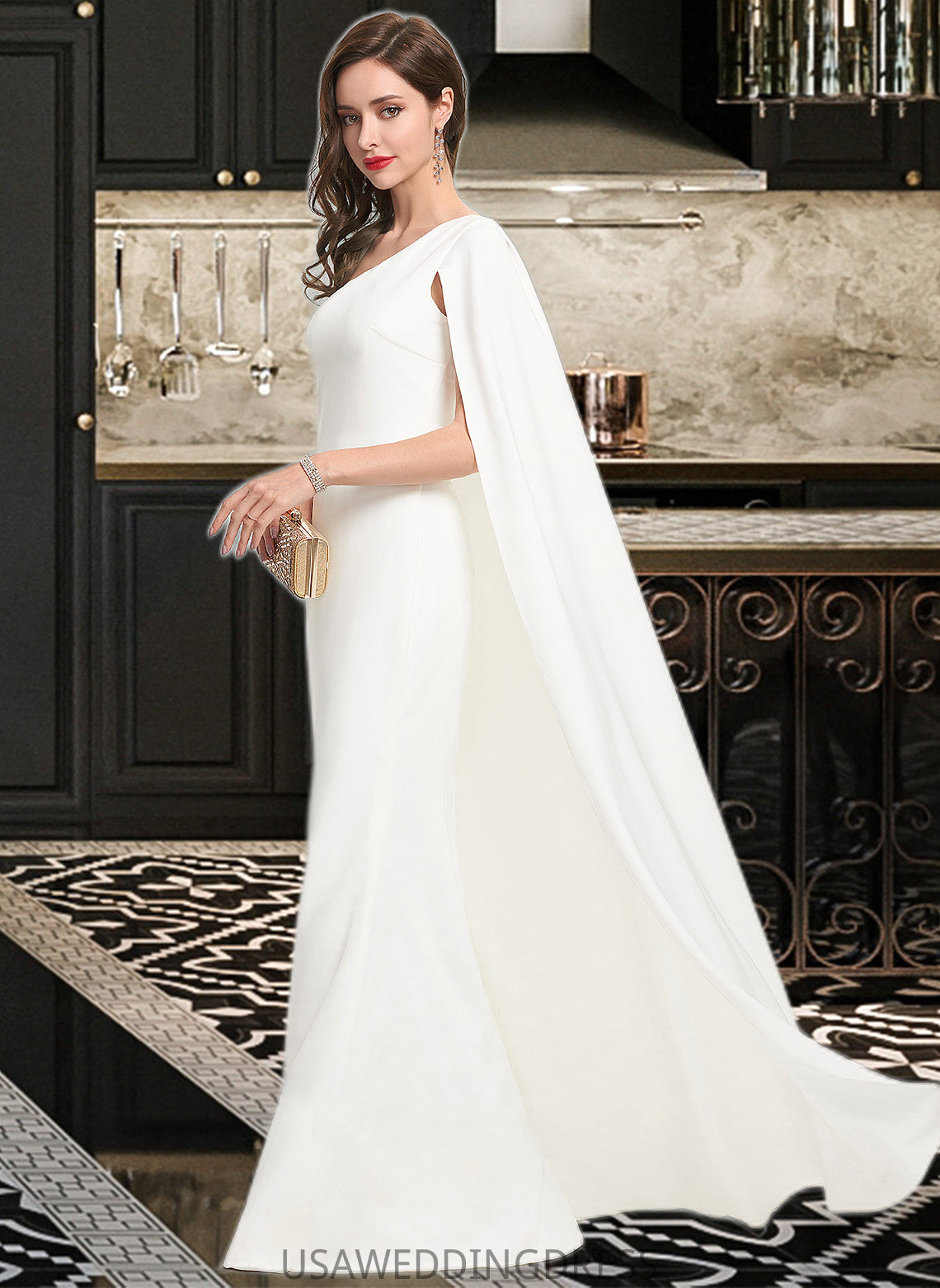 Jaylen Sheath/Column One-Shoulder Floor-Length Stretch Crepe Wedding Dress DSP0013801