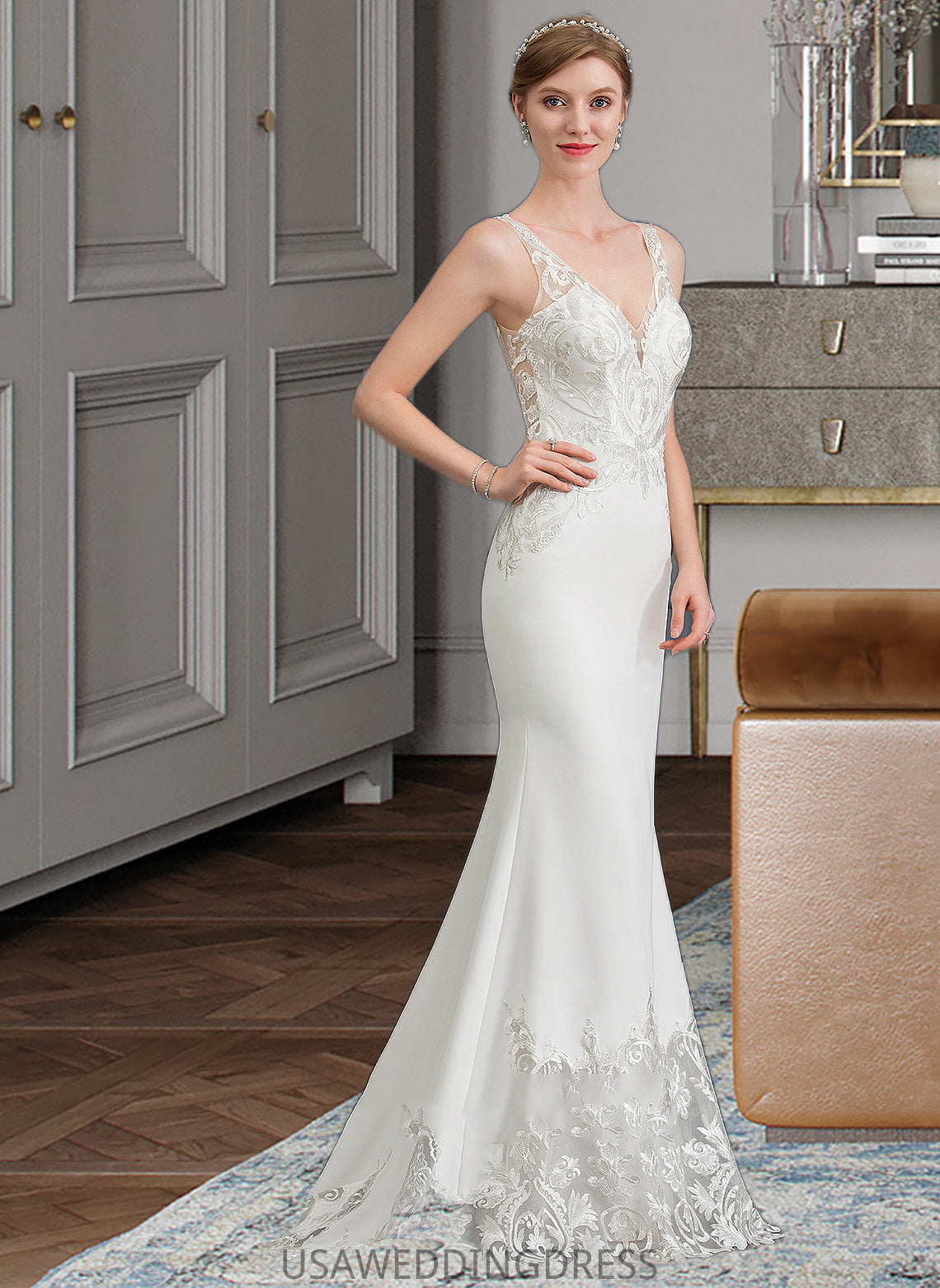 Michelle Trumpet/Mermaid V-neck Court Train Stretch Crepe Wedding Dress DSP0013803