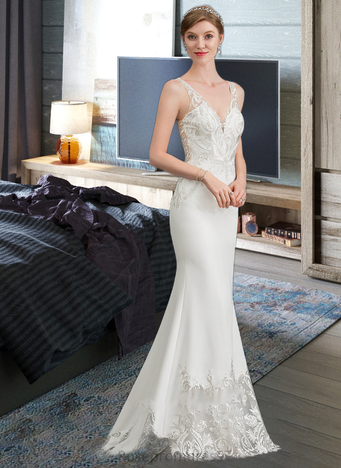 Izabelle Trumpet/Mermaid V-neck Court Train Stretch Crepe Wedding Dress SRSP0013803