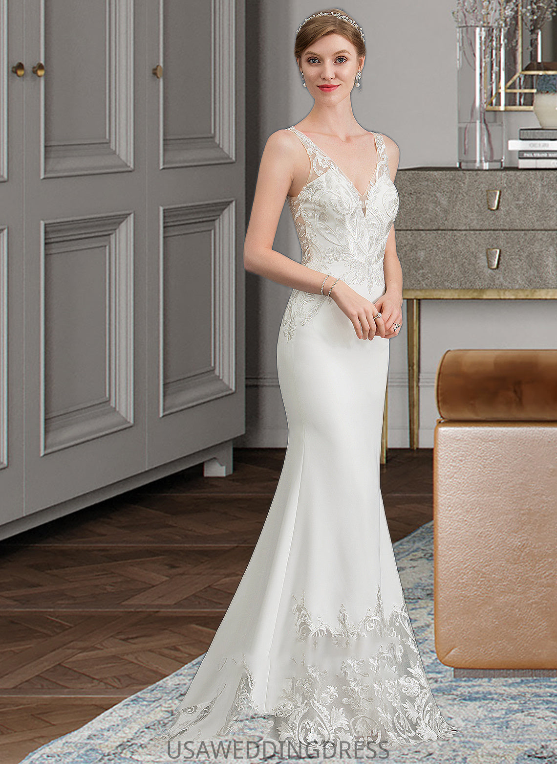 Michelle Trumpet/Mermaid V-neck Court Train Stretch Crepe Wedding Dress DSP0013803