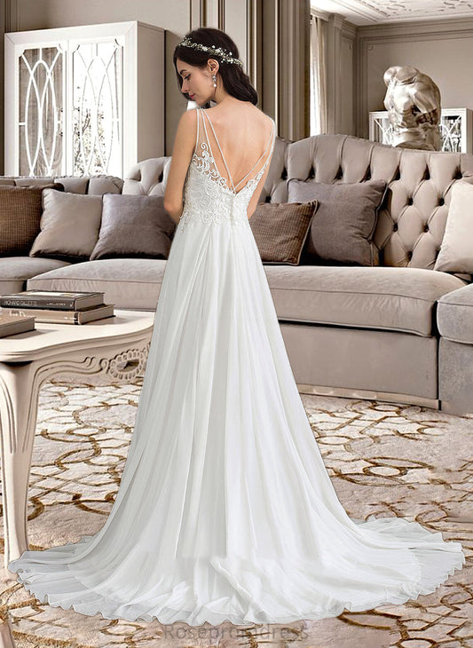 Nathaly A-Line V-neck Sweep Train Chiffon Wedding Dress With Beading Sequins Split Front SRSP0013806