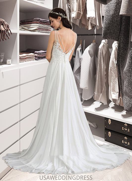 Hayley A-Line V-neck Sweep Train Chiffon Wedding Dress With Beading Sequins Split Front DSP0013806