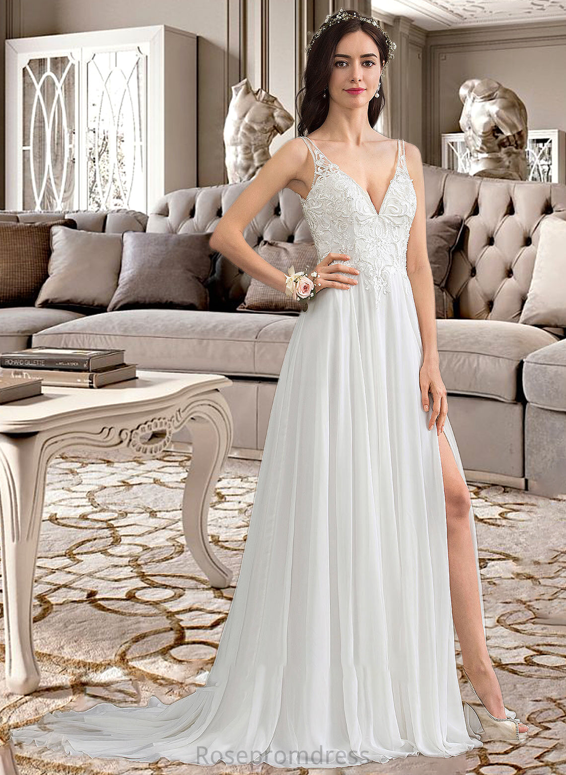 Nathaly A-Line V-neck Sweep Train Chiffon Wedding Dress With Beading Sequins Split Front SRSP0013806