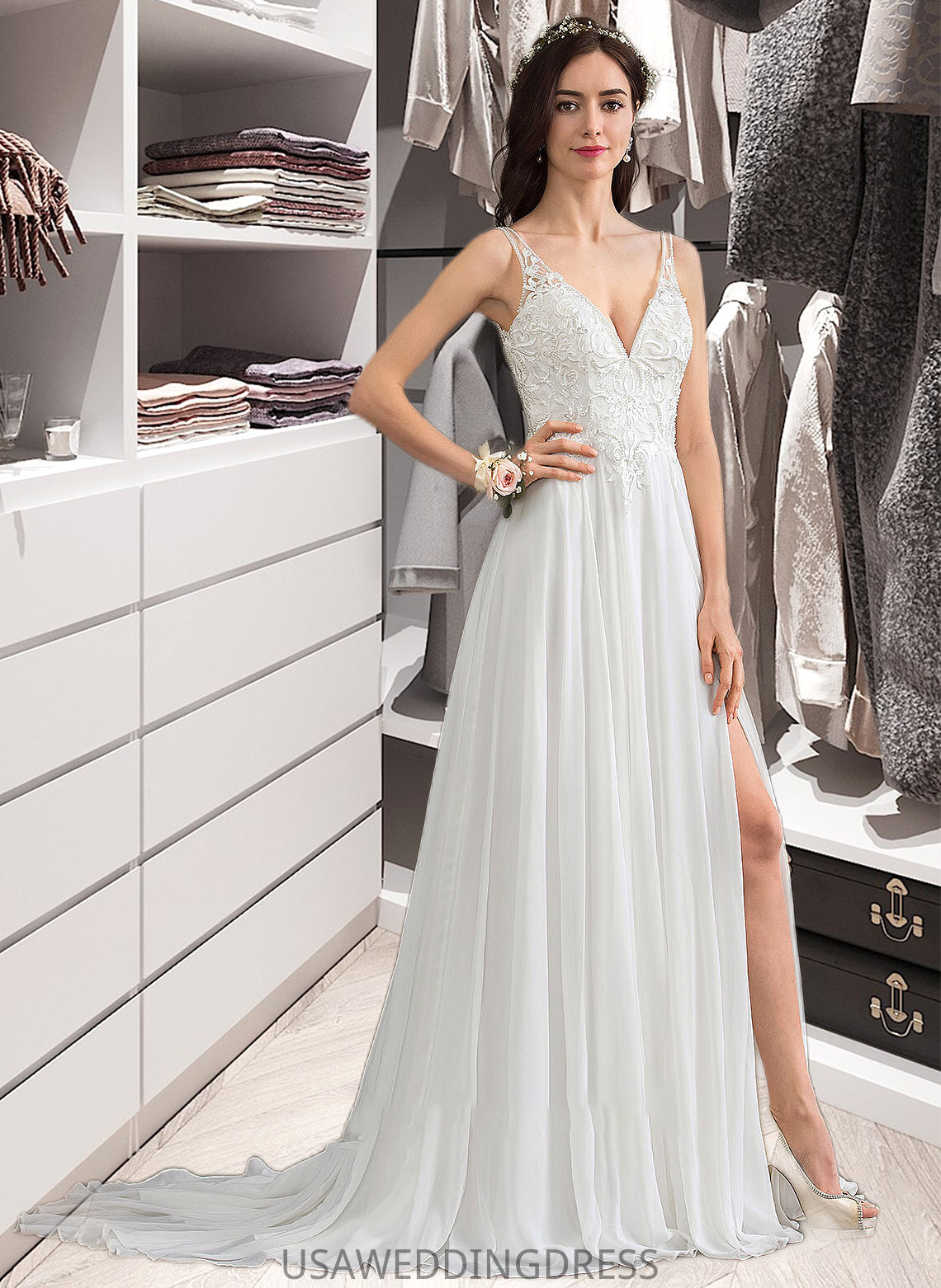 Hayley A-Line V-neck Sweep Train Chiffon Wedding Dress With Beading Sequins Split Front DSP0013806