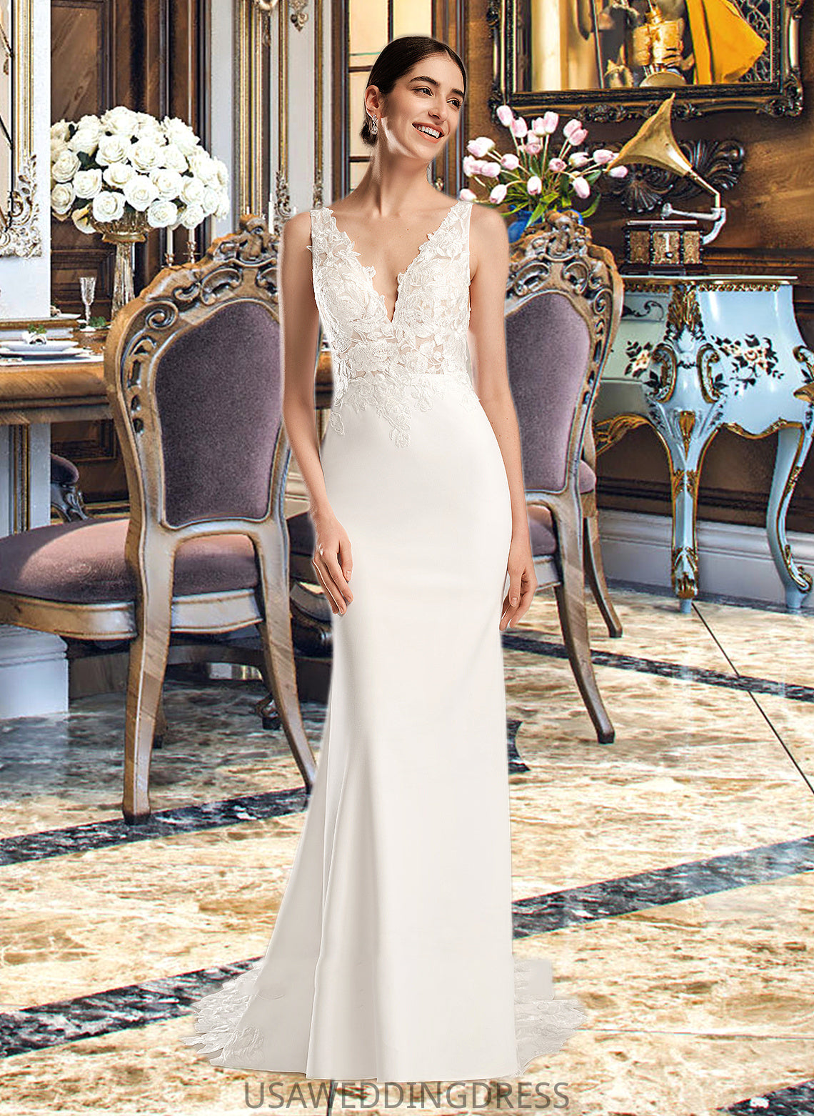 Ainsley Sheath/Column V-neck Court Train Wedding Dress With Sequins DSP0013807