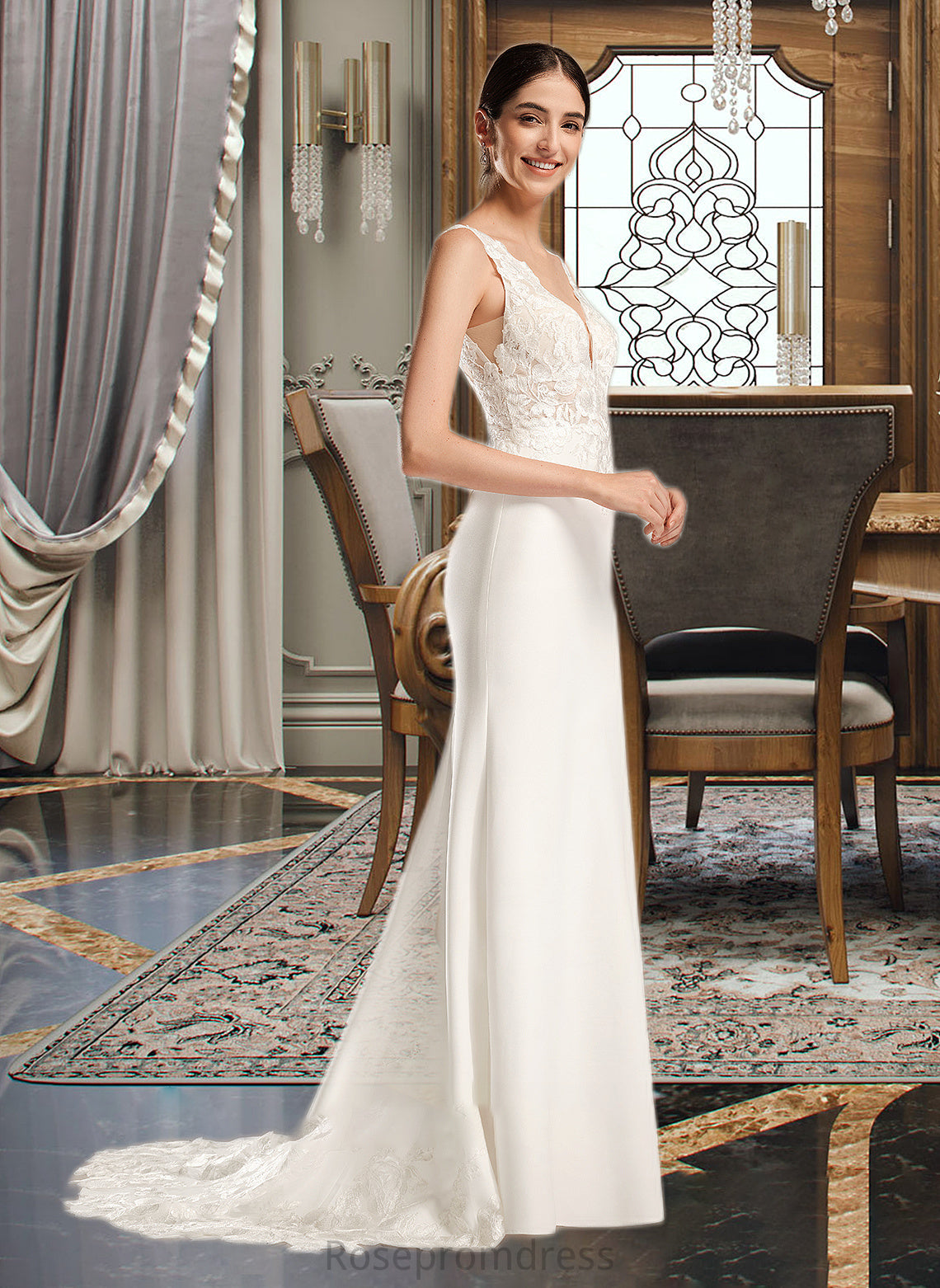 Libby Sheath/Column V-neck Court Train Wedding Dress With Sequins SRSP0013807