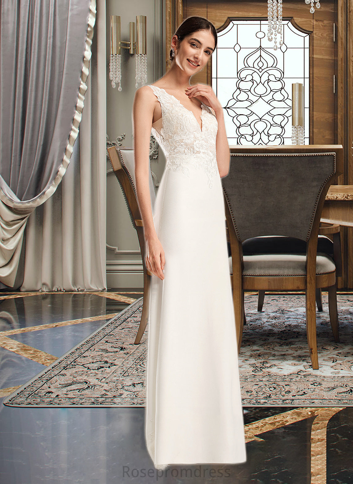 Libby Sheath/Column V-neck Court Train Wedding Dress With Sequins SRSP0013807