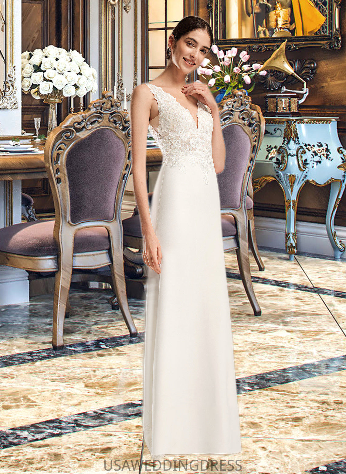 Ainsley Sheath/Column V-neck Court Train Wedding Dress With Sequins DSP0013807