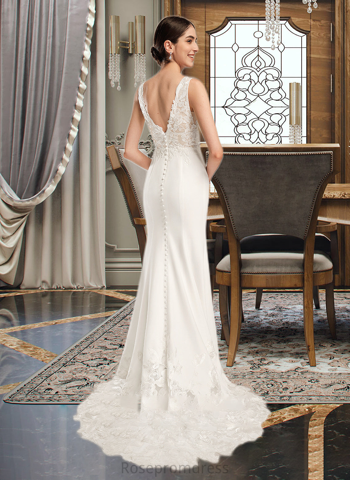 Libby Sheath/Column V-neck Court Train Wedding Dress With Sequins SRSP0013807