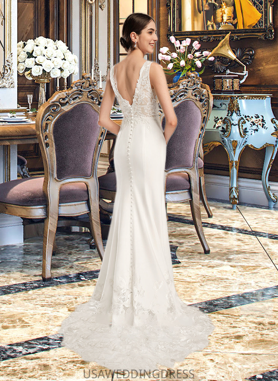 Ainsley Sheath/Column V-neck Court Train Wedding Dress With Sequins DSP0013807