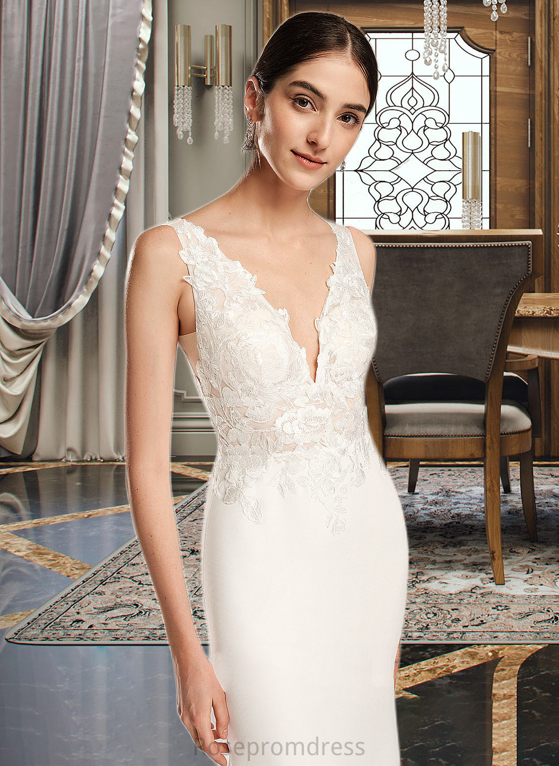 Libby Sheath/Column V-neck Court Train Wedding Dress With Sequins SRSP0013807