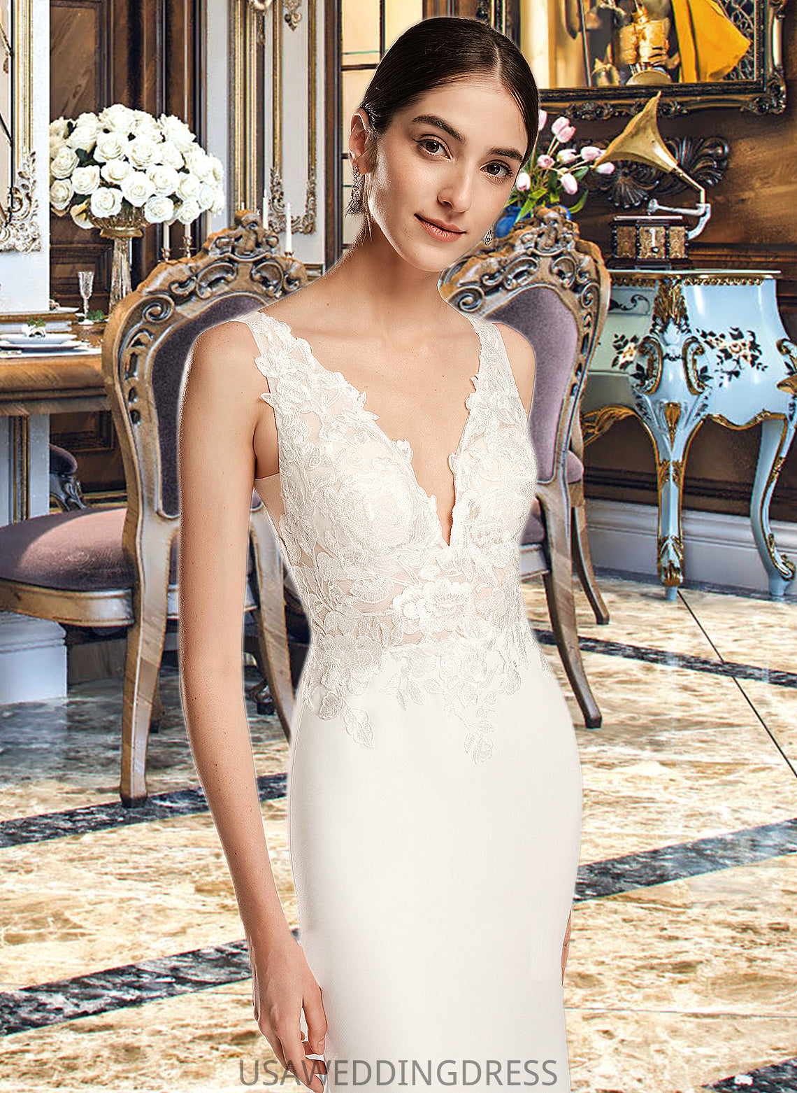 Ainsley Sheath/Column V-neck Court Train Wedding Dress With Sequins DSP0013807