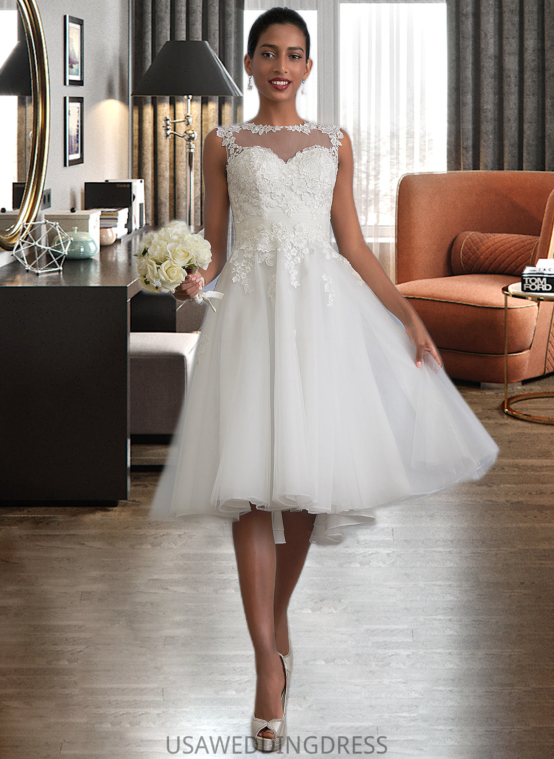 Christine A-Line Illusion Asymmetrical Tulle Wedding Dress With Ruffle DSP0013808