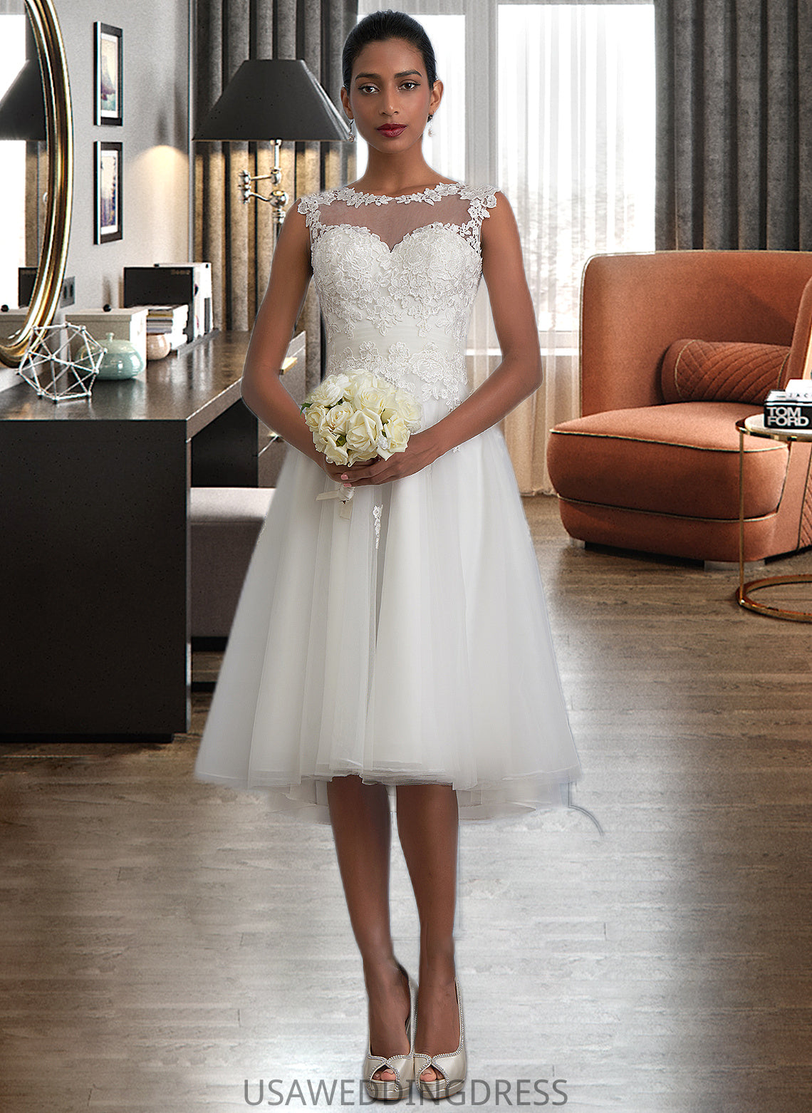 Christine A-Line Illusion Asymmetrical Tulle Wedding Dress With Ruffle DSP0013808