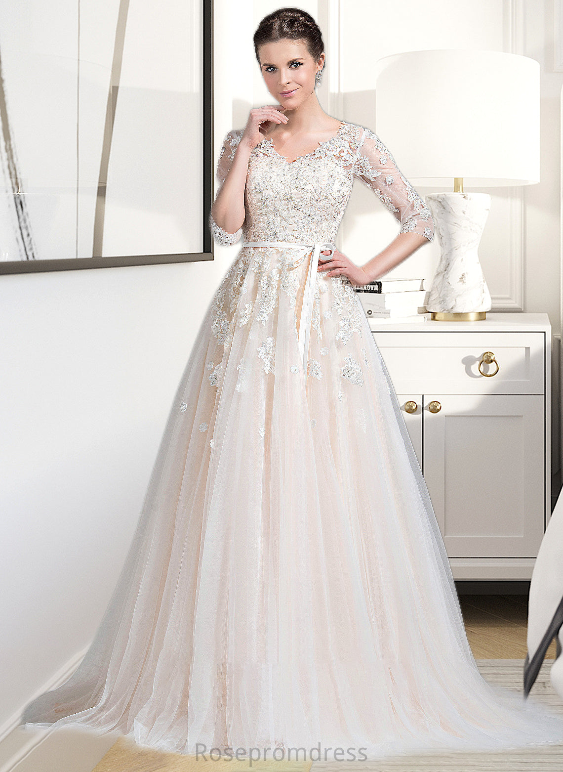 Alexis Ball-Gown/Princess V-neck Court Train Tulle Wedding Dress With Beading Appliques Lace Sequins Bow(s) SRSP0013809