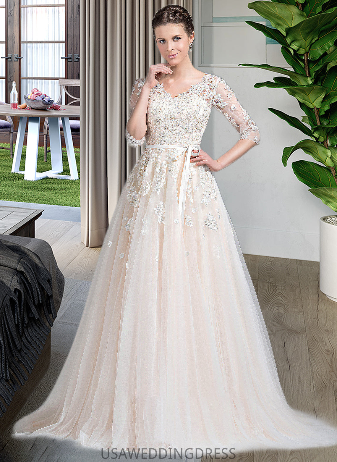 Gisselle Ball-Gown/Princess V-neck Court Train Tulle Wedding Dress With Beading Appliques Lace Sequins Bow(s) DSP0013809