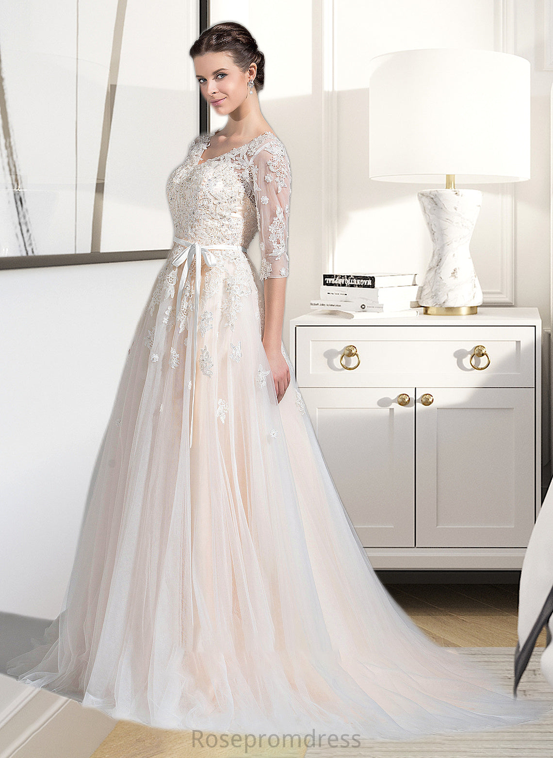 Alexis Ball-Gown/Princess V-neck Court Train Tulle Wedding Dress With Beading Appliques Lace Sequins Bow(s) SRSP0013809