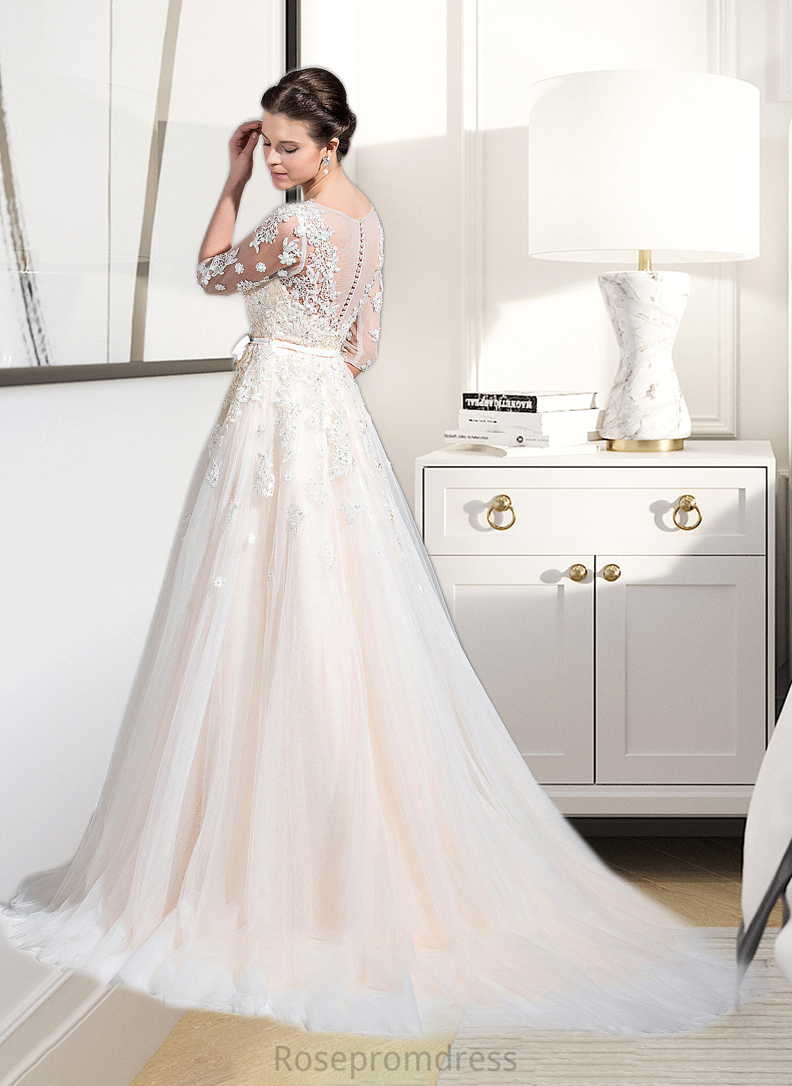 Alexis Ball-Gown/Princess V-neck Court Train Tulle Wedding Dress With Beading Appliques Lace Sequins Bow(s) SRSP0013809