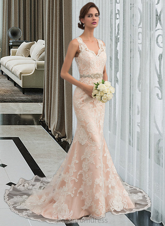 Everly Trumpet/Mermaid V-neck Chapel Train Tulle Lace Wedding Dress With Beading SRSP0013810