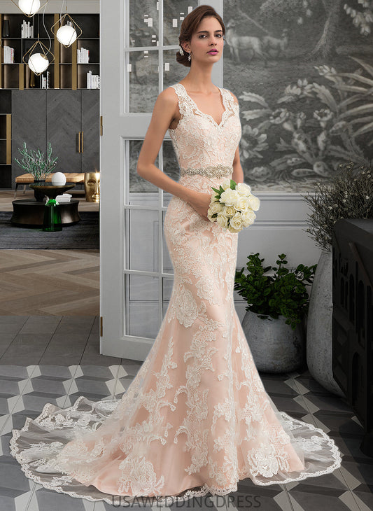 Lorelei Trumpet/Mermaid V-neck Chapel Train Tulle Lace Wedding Dress With Beading DSP0013810