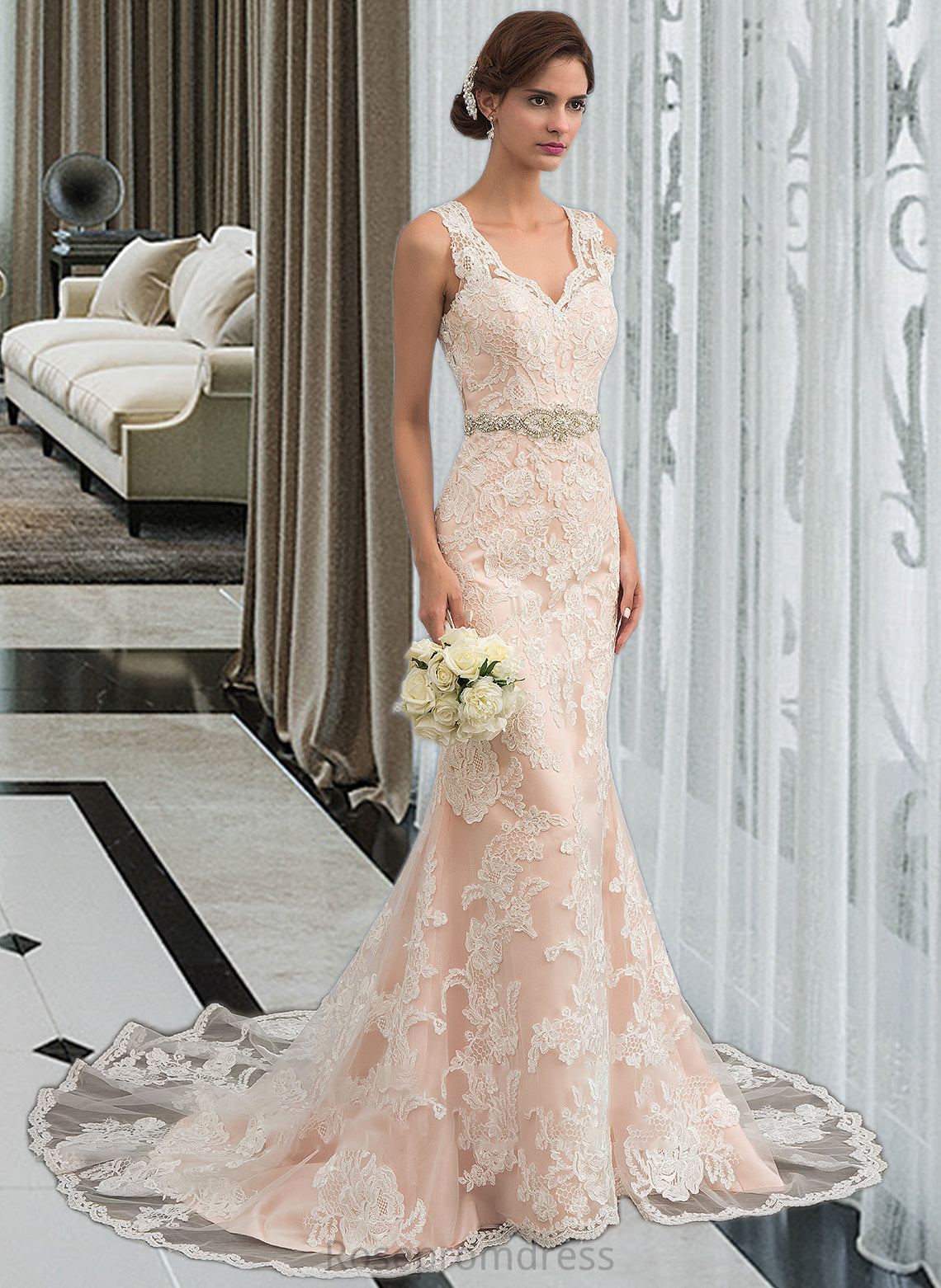 Everly Trumpet/Mermaid V-neck Chapel Train Tulle Lace Wedding Dress With Beading SRSP0013810