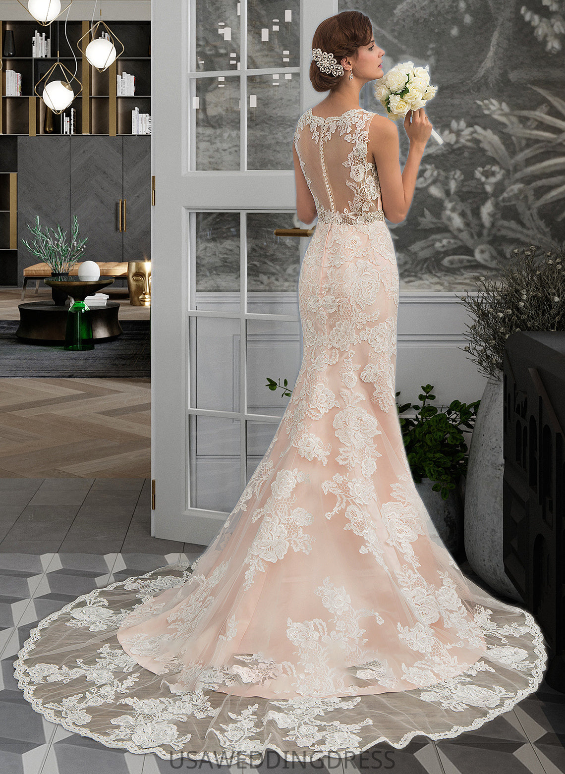 Lorelei Trumpet/Mermaid V-neck Chapel Train Tulle Lace Wedding Dress With Beading DSP0013810