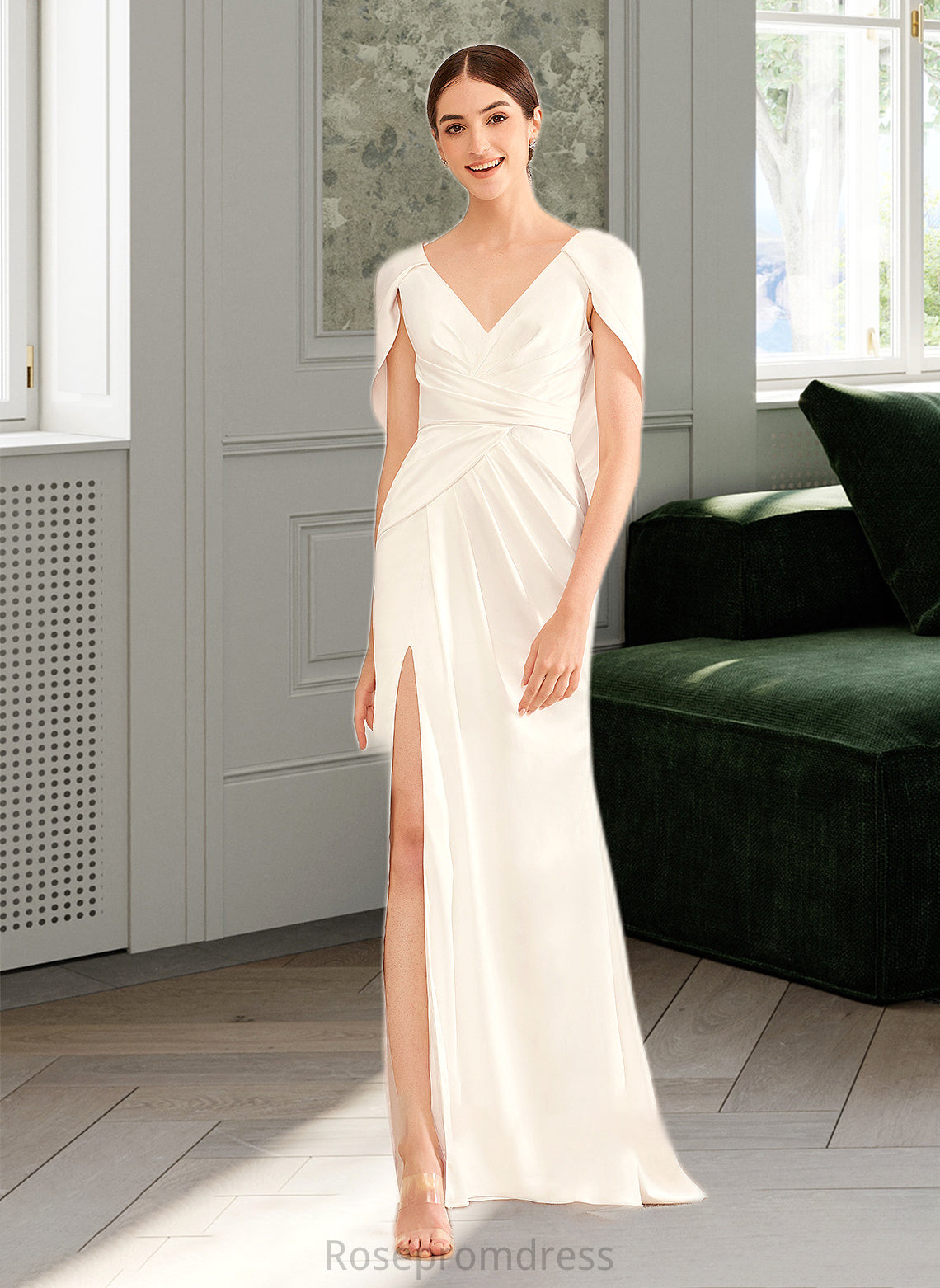 Yasmin A-Line V-neck Sweep Train Wedding Dress With Ruffle SRSP0013811