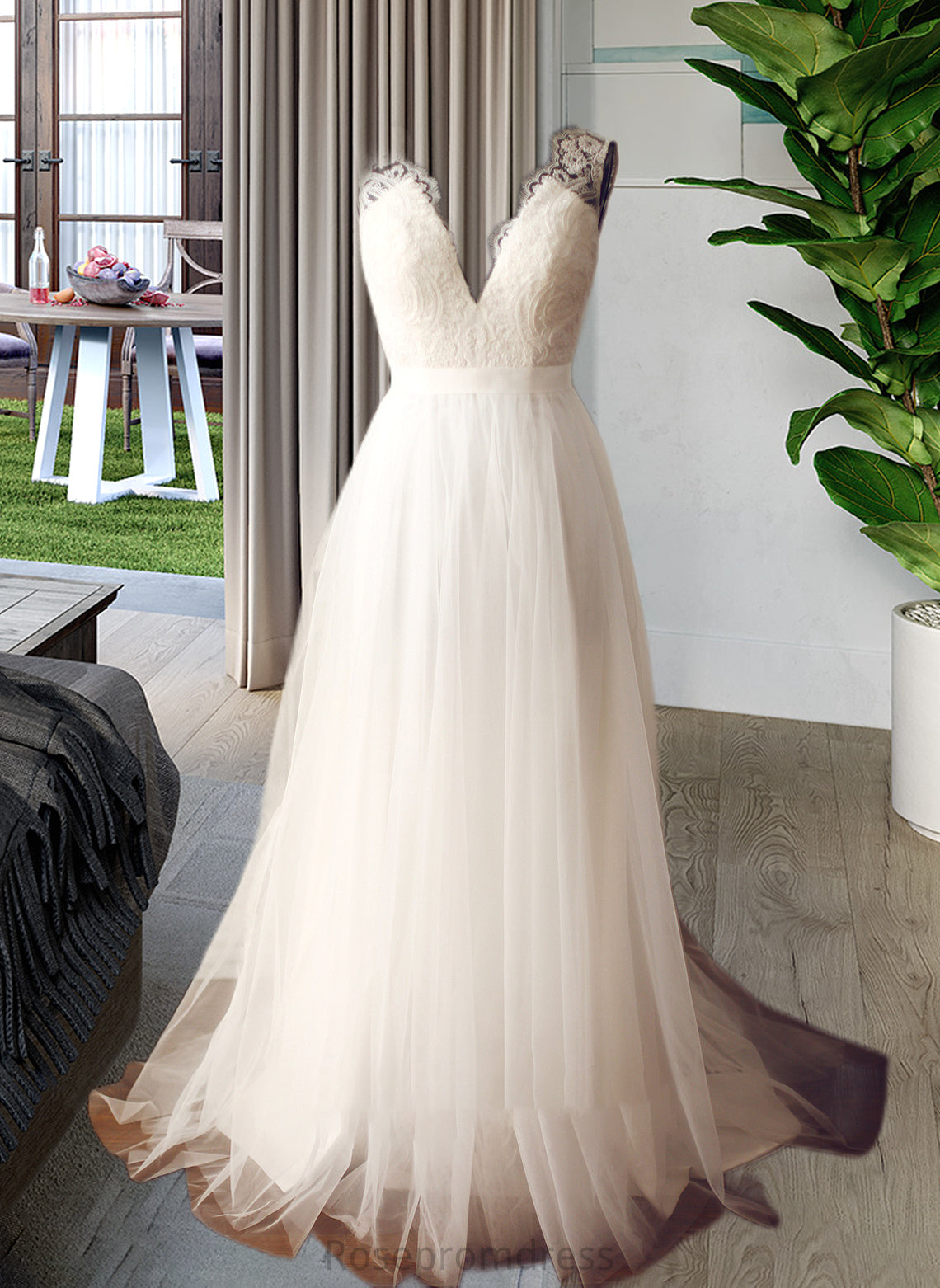 Sandy A-Line V-neck Sweep Train Tulle Wedding Dress SRSP0013812