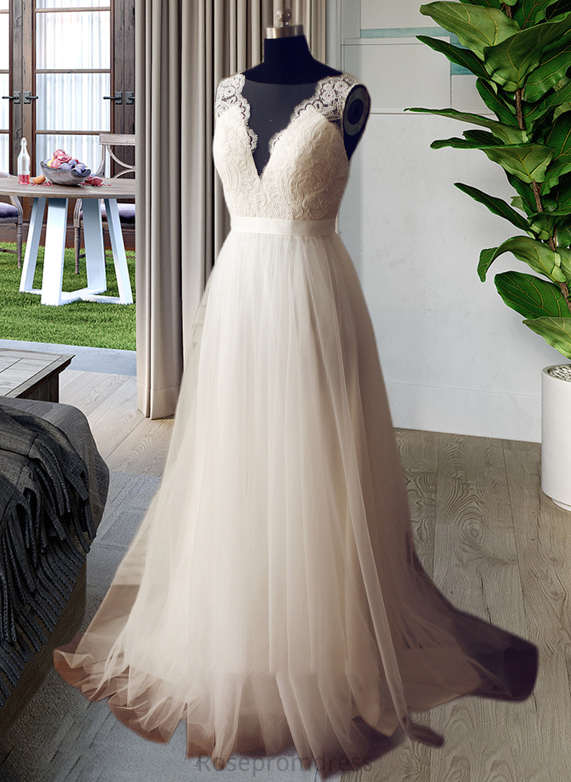 Sandy A-Line V-neck Sweep Train Tulle Wedding Dress SRSP0013812