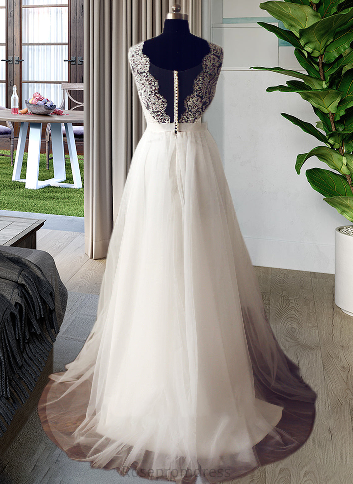 Sandy A-Line V-neck Sweep Train Tulle Wedding Dress SRSP0013812