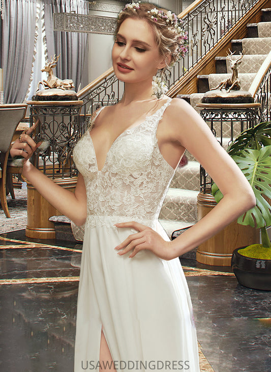 Kenya A-Line V-neck Floor-Length Wedding Dress With Lace Split Front DSP0013815