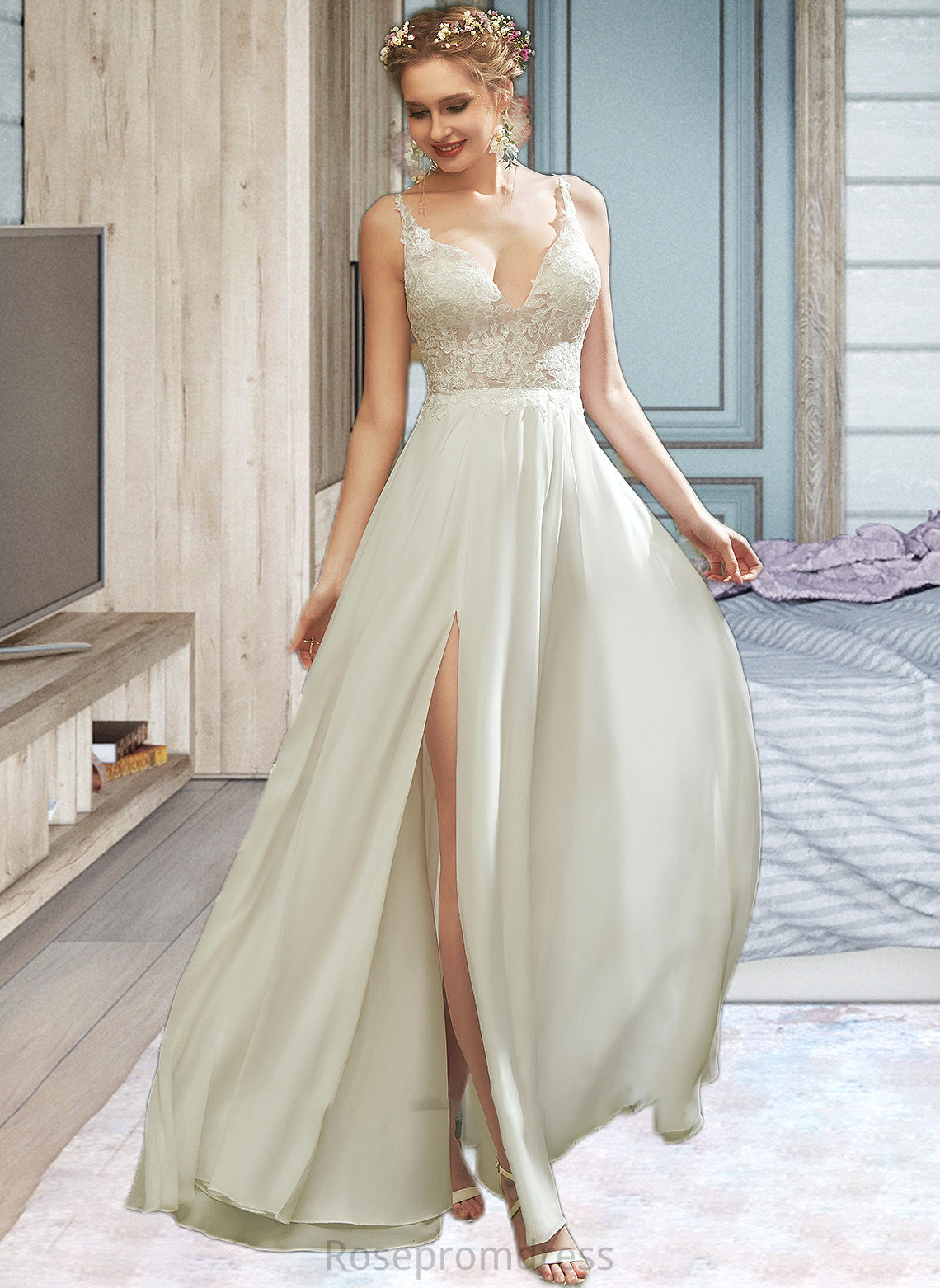 Layla A-Line V-neck Floor-Length Wedding Dress With Lace Split Front SRSP0013815