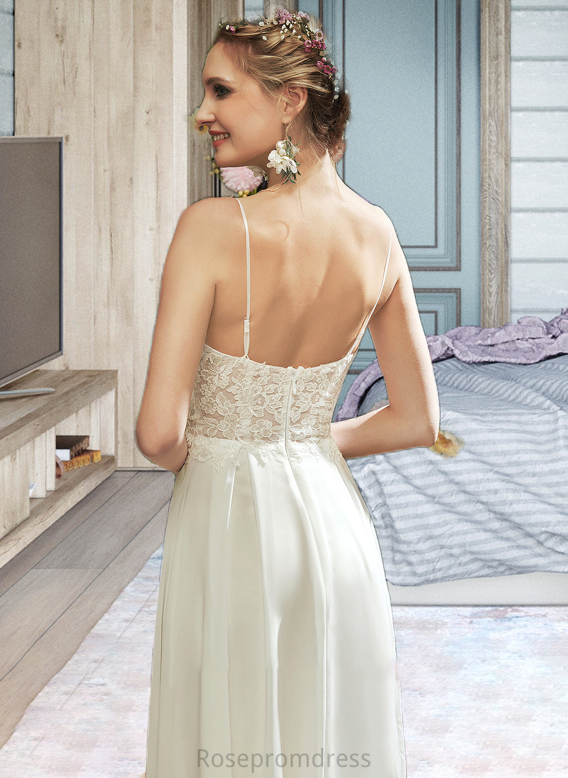 Layla A-Line V-neck Floor-Length Wedding Dress With Lace Split Front SRSP0013815